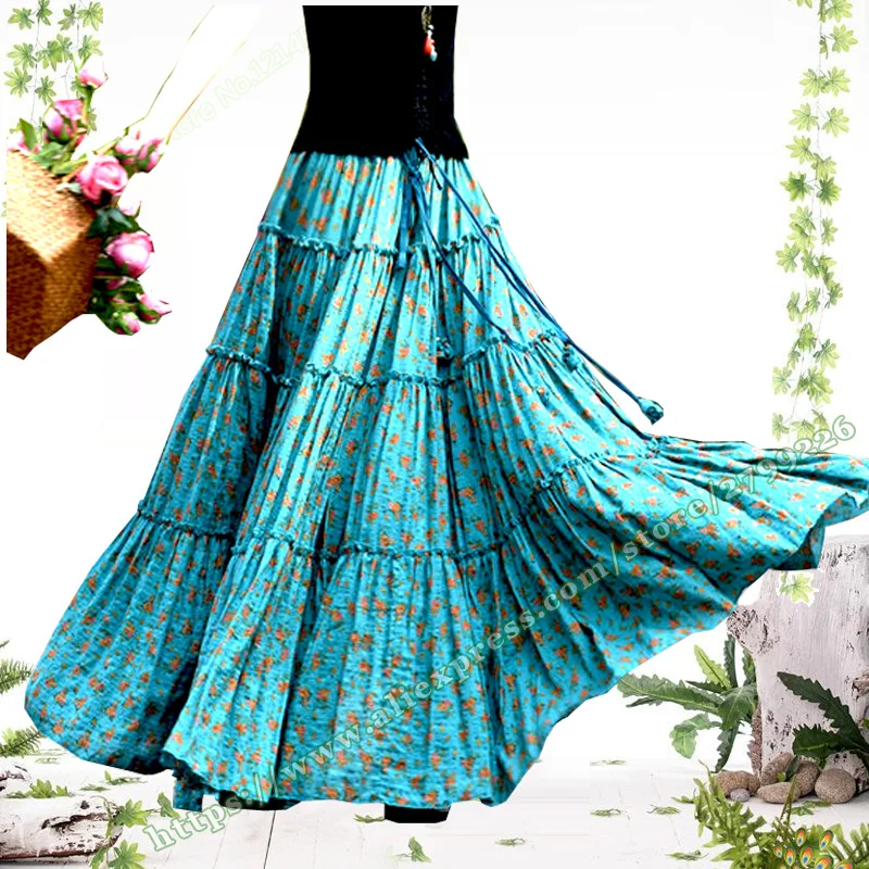 Spring / Summer 2020 Casual Farmhouse style Floral Cotton Pleated Long Skirt Hem dance skirts womens