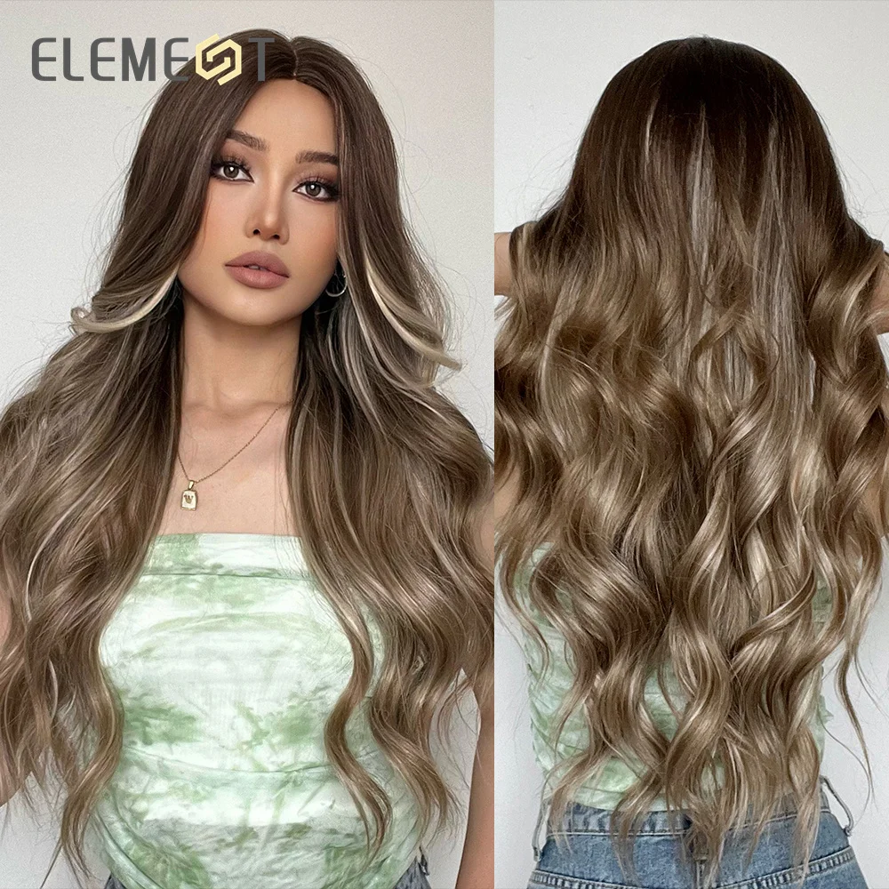 

ELEMENT Synthetic Long Body Wavy Ombre Brown Mix Blonde Middle Part Wigs for Women Heat Resistant Party Daily Use Wig Hair