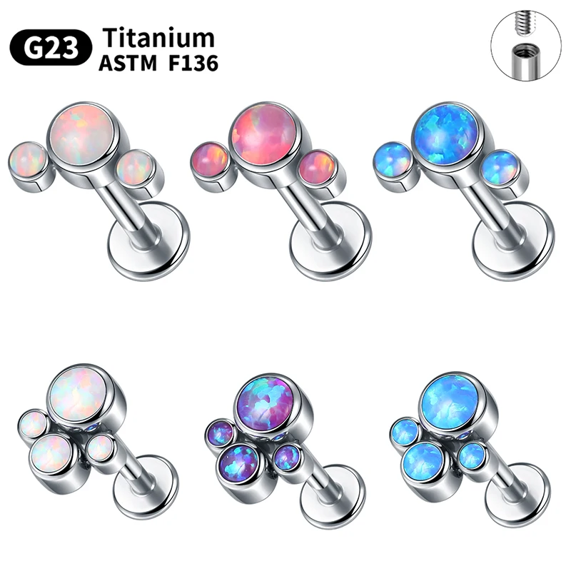 1PC 16G  Titanium Internal Thread Labret Monore Piercings Claw Opal Flat Back Stud Earrings Lip Tragus Helix Cartilage Jewelry