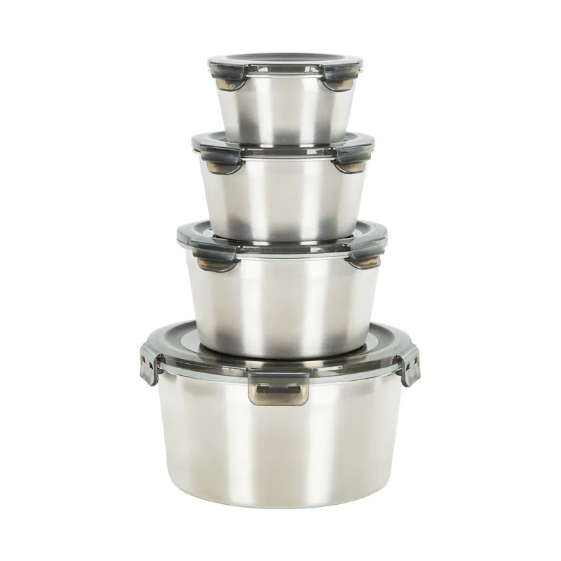 Round Stainless Steel Food Containers with Transparent Lids Airtight Seal for Fridge Microwave 13 13 7 cm 4 Units