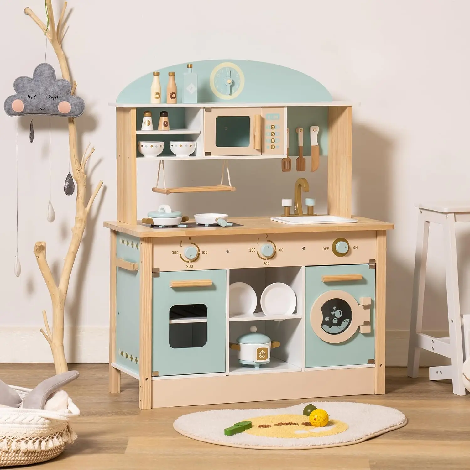 Robotime Robud Wooden Kitchen for Kids Play Kitchen with Plenty of Play Features Toddler Kitchen Set Gift for Girls Boys 3+