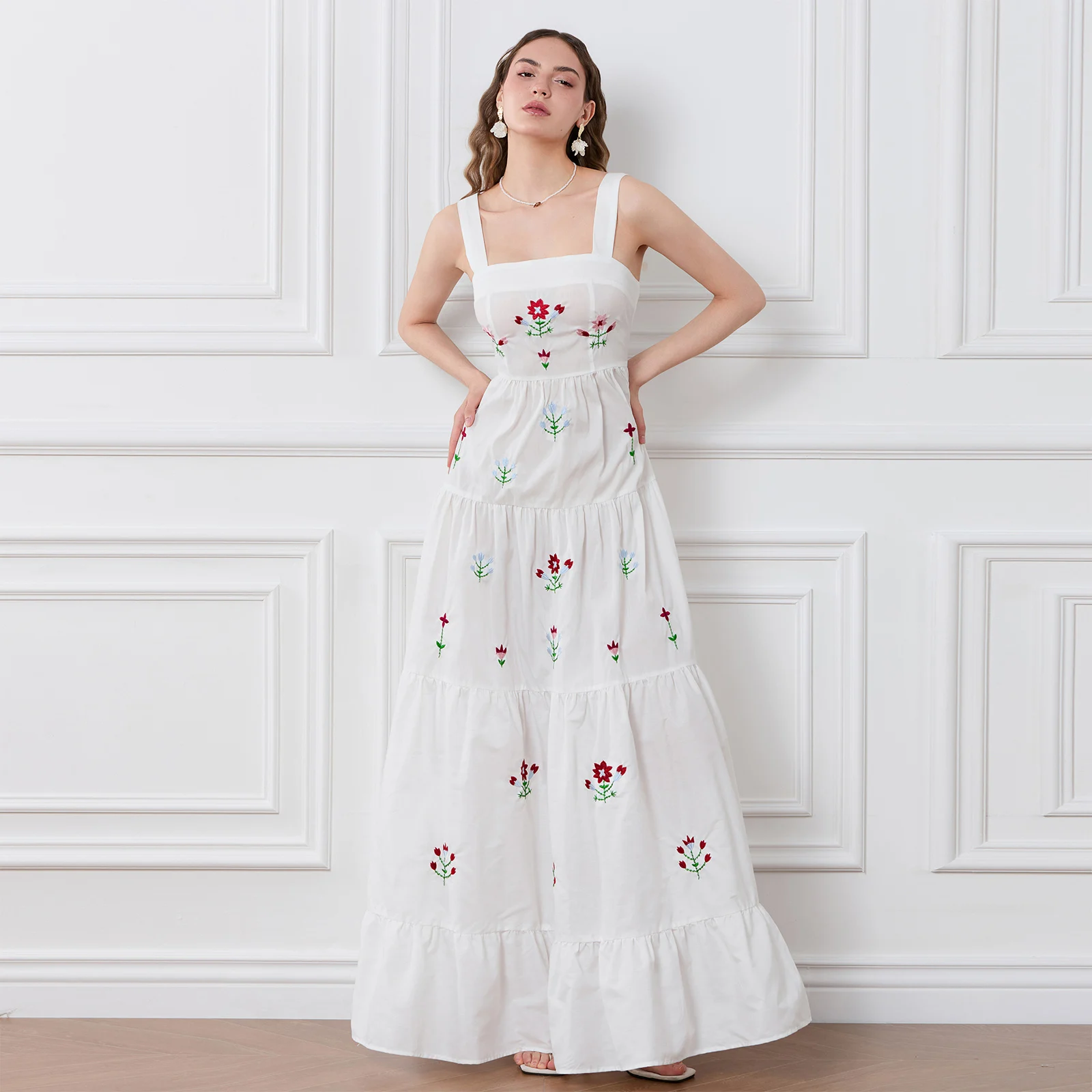 

Женское винтажное платье-трапеция Combhasaki Y2K, длинное платье с широкими лямками, без рукавов, с квадратным вырезом, с вышивкой в несколько рядов