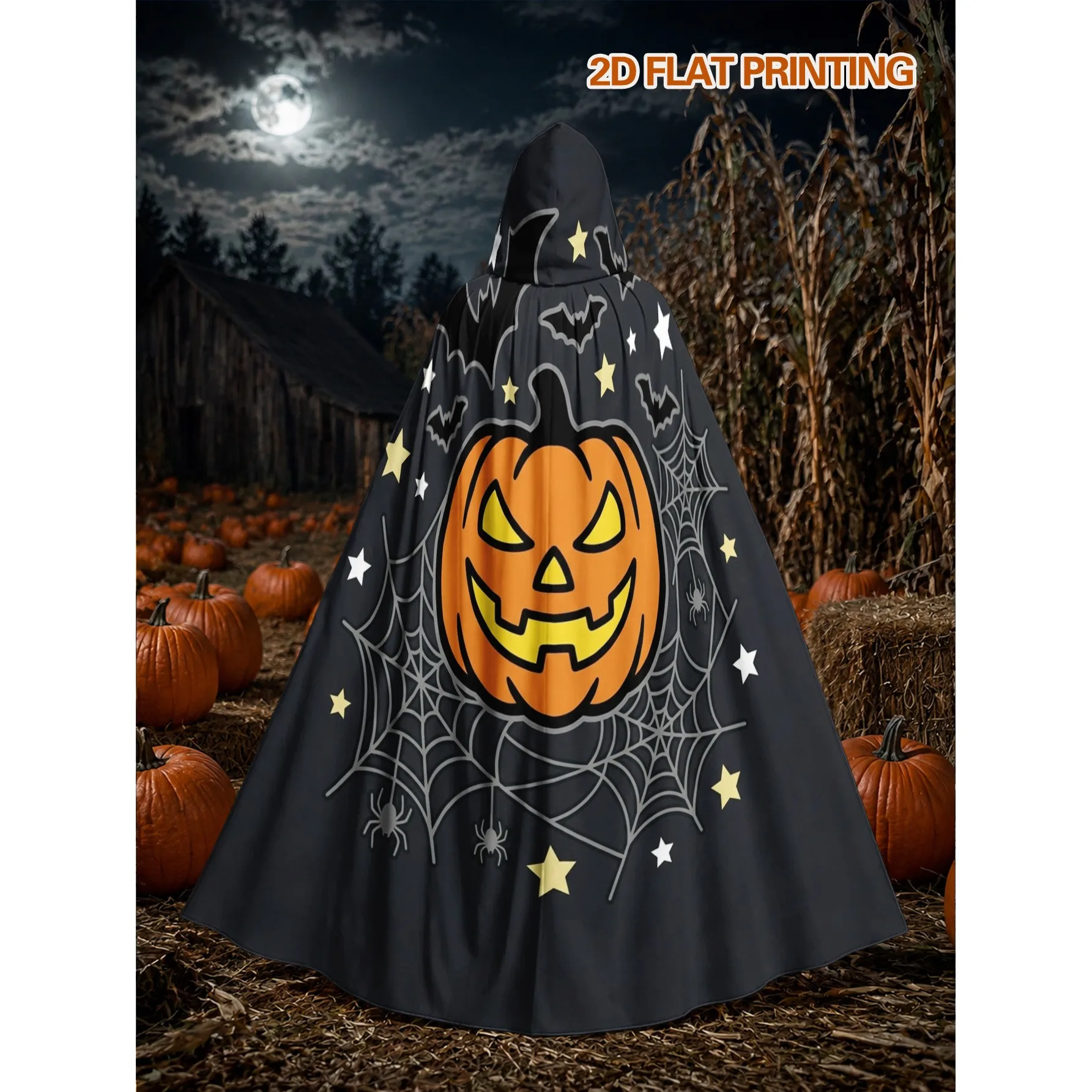 Spooky Halloween Pumpkin Bat Print Hooded Robe Adult Polyester Cape for Holiday Events Costume