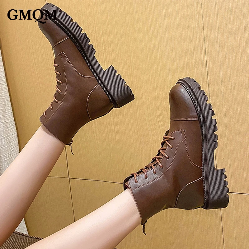 GMQM Brand New 2022 Autumn Fashion Women\'s Ankle Boots Platform Genuine Leather Shoes Round Toe Walk Lace-Up Boots Office Lady