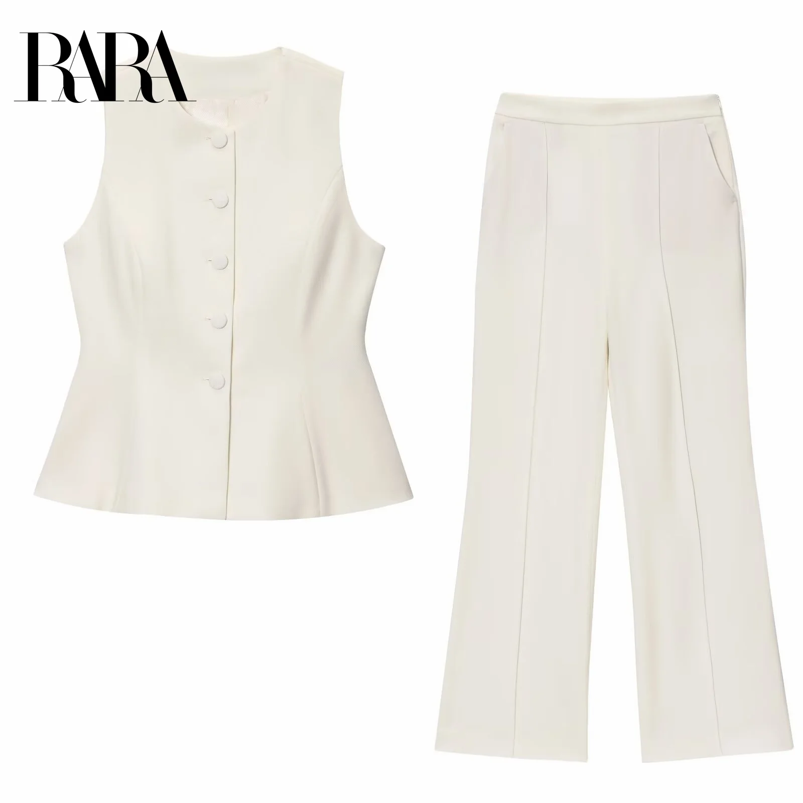 RARA2025 جديد الصيف الملابس النسائية الخصر تنورة قصيرة نمط تنحنح جولة الرقبة سترة دون أكمام أعلى + عالية الخصر بنطلون مستقيم