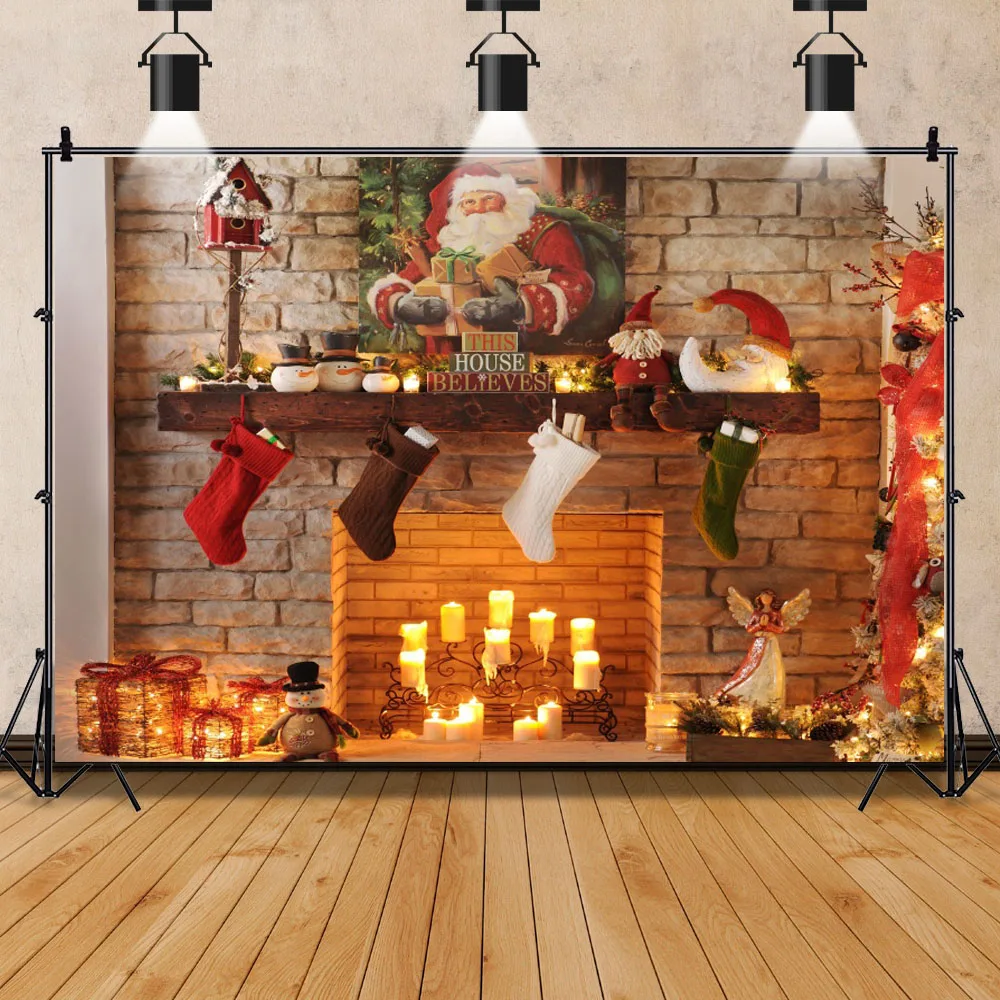 Christmas Backdrop Xmas Tree Santa Claus Gift Window Fireplace Baby Family Portrait Photography Backgrounds for Photo Studio