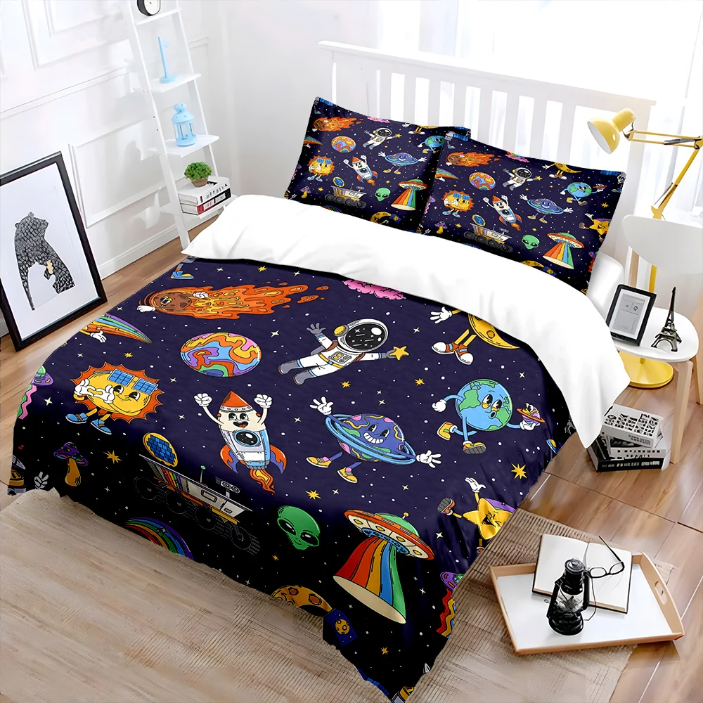 Colorful Space Cartoon Background Pattern Duvet Cover Set Digital Print Polyester Bedding with Zipper Closur for kids gifts