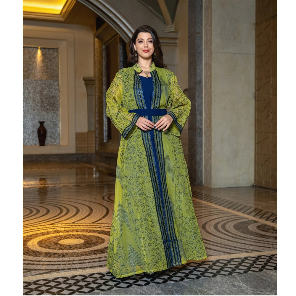 Dubai Abaya Vrouwen 2 Stuks Jurk Set Marokko Kaftan Dubai Kalkoen Gewaad Eid Ramadan Jalabiya Avondfeest Jurken Femme Vestidos