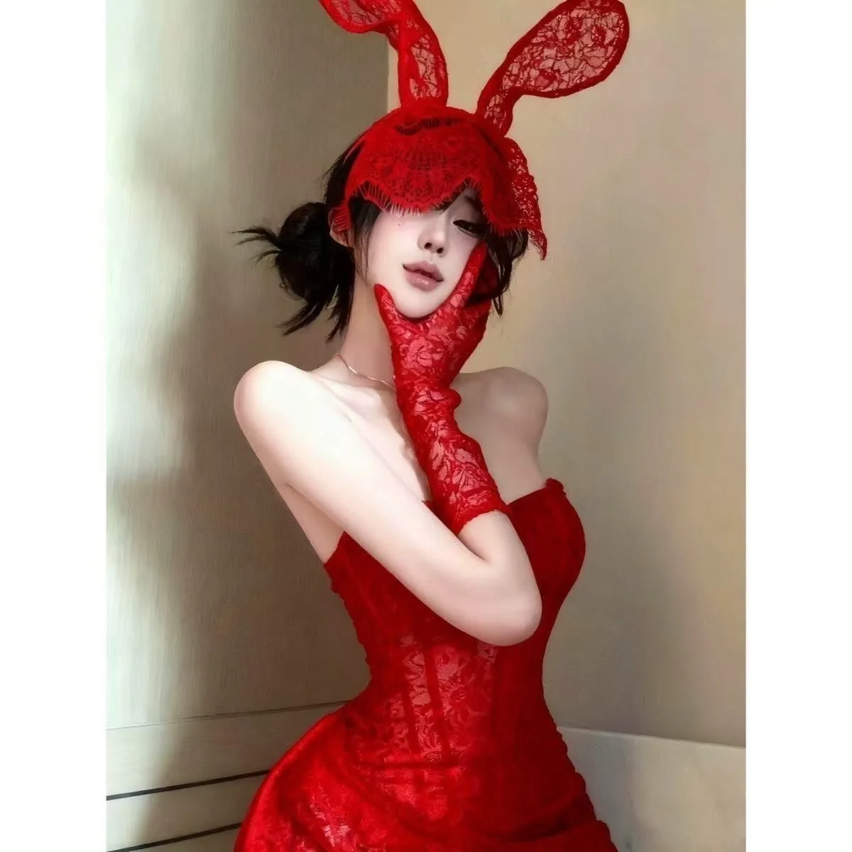 Sexy Lace Rabbit Girl Cosplay Ear Headwear Hairband Sexy Patterned Tie Waist Mesh Tube Top Decorative All Seasons Unisex