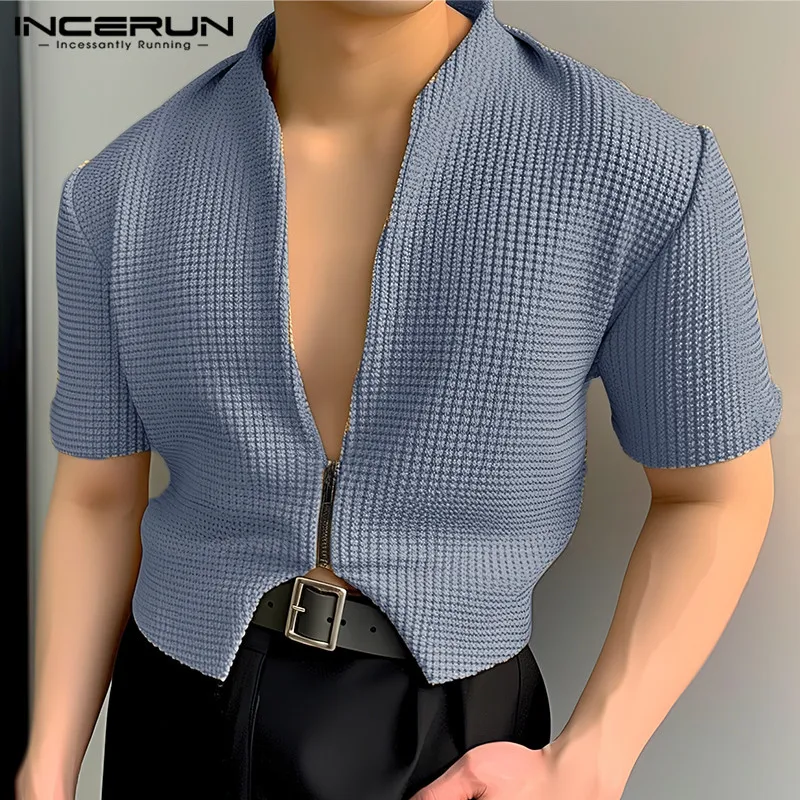 

INCERUN Men Shirt Solid Color V Neck Short Sleeve Zipper Casual Men Clothing Streetwear 2024 Stylish Irregular Crop Tops S-5XL