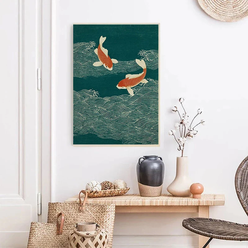 Vintage Japanese Tiger Crane Koi Green Wave Canvas Poster Unframed Minimalist Asian Zen Canvas Prints for Living Room Decoration
