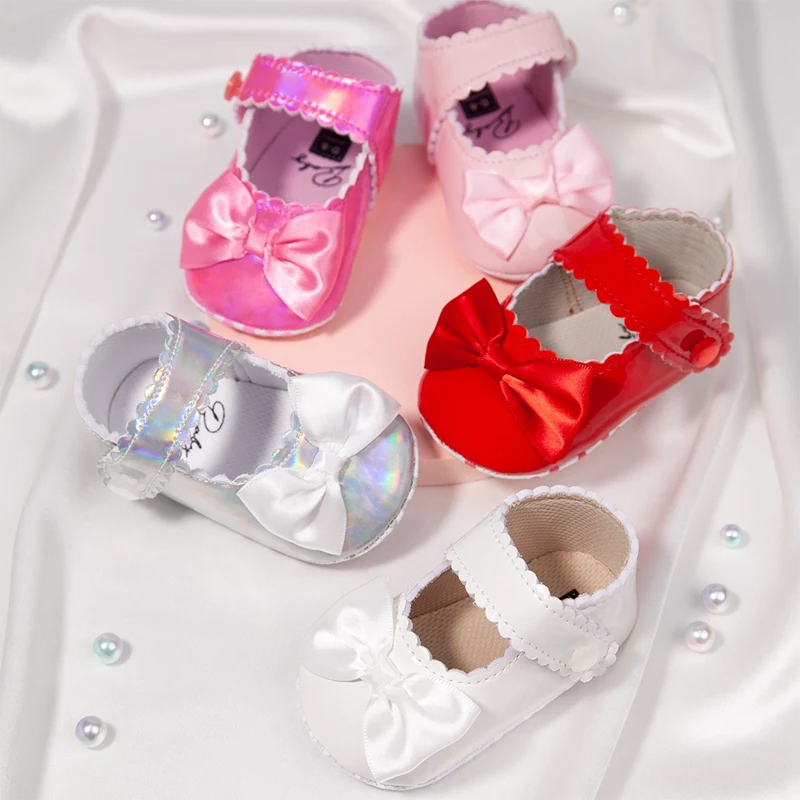 New Spring Baby Shoes Solid Sweet Bow Decor Princess Leather Shoes Girls Soft Soled Non-slip Footwear Crib Shoes 0-18M