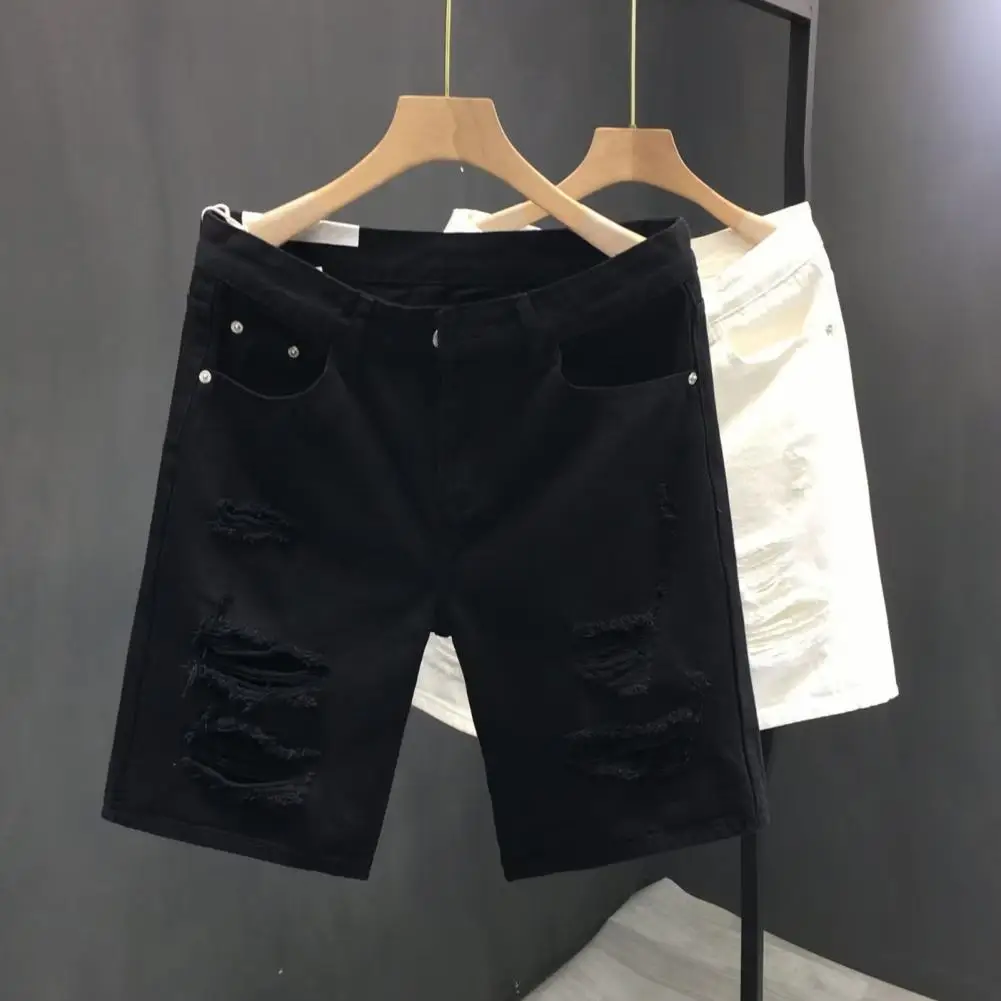 2024 New White Denim Shorts Men Ripped Knee Length Fashion Jeans Casual Ripped Hole Slim Male Short Pants Streetwear Shorts