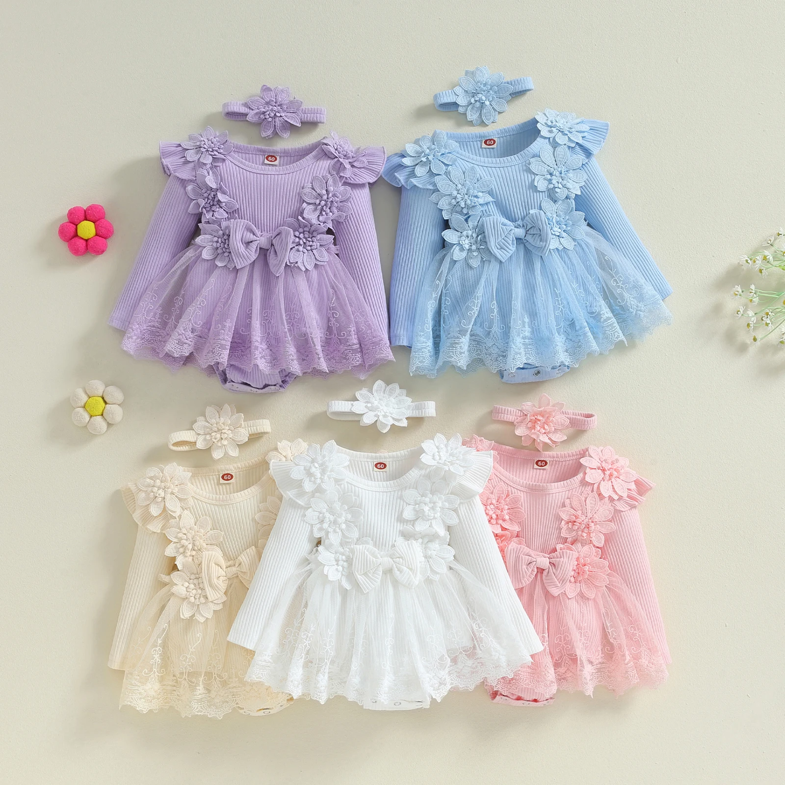 Sweety Baby Girls Set 3D Flower Bow Long Sleeve Mesh Dress Romper Headband Adorable Ribbed Girls Bodysuits Playsuits Outfits