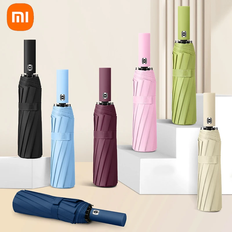 Xiaomi-24 Bone guarda-chuva dobrável automático, anti UV, chuva, sol, portátil, monocromático, à prova de vento, dobrável, tamanho grande,