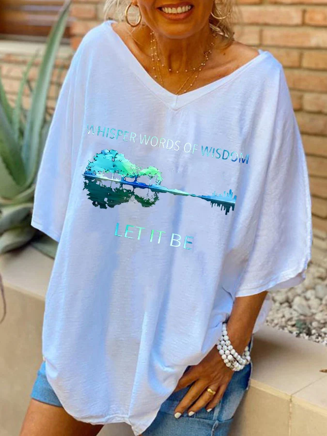 T-shirt col en V pour femme, style bohème nature, avec la citation « LET IT BE Whisper Words Of Wisdom »