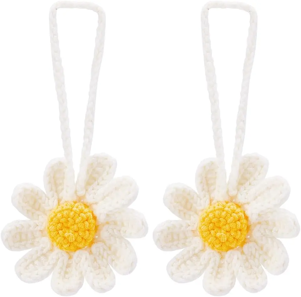 

1 Box 2Pcs Crochet Daisy Car Handmade Crochet Wool Daisy Decoration with Lanyard Crochet Knitting Flower Car Mirror
