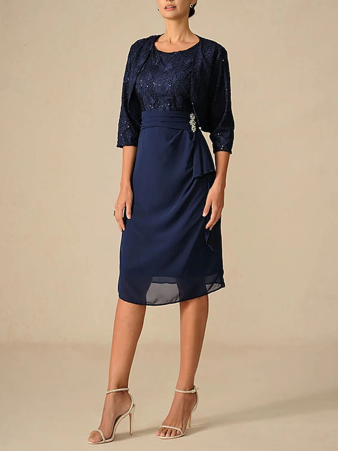 

Elegant Two Piece Evening Dress Scoop Neck Chiffon Lace 3/4 Sleeve Sequins Knee Length Wedding Guest Dress 2025 free customized