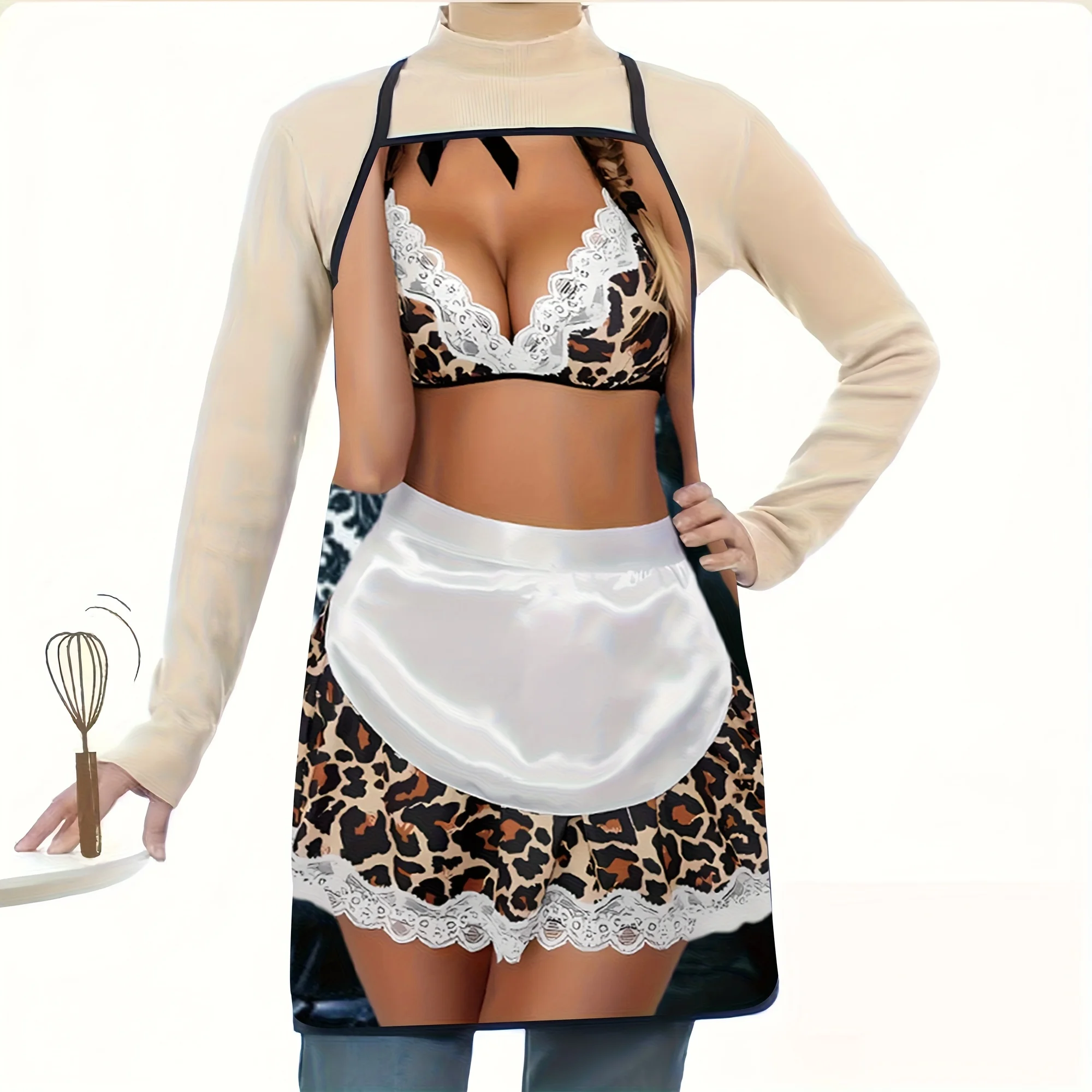 Sexy Leopard Print Lingerie Maid Illusion Apron Waterproof Polyester Kitchen Cooking Baking BBQ Grill Party Gag Gift Home Decor