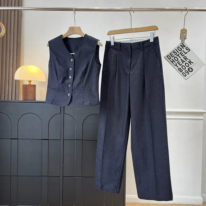 

High-End Simple Briti Sle Denim Wool Blend V-Ne Waistcoat And Wide Leg Pants Set Faionable Autumn Outfit for Teens