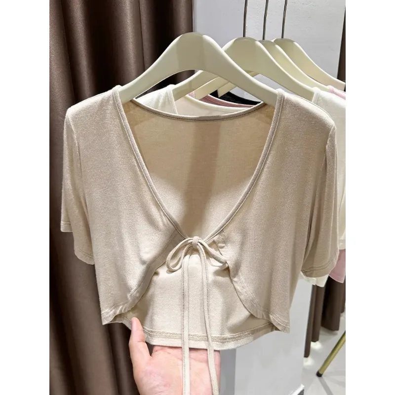 Women's V-neck Tie-back Short Crop Cardigan Sheer Knit Top Multi-color Casual Layering Blouse