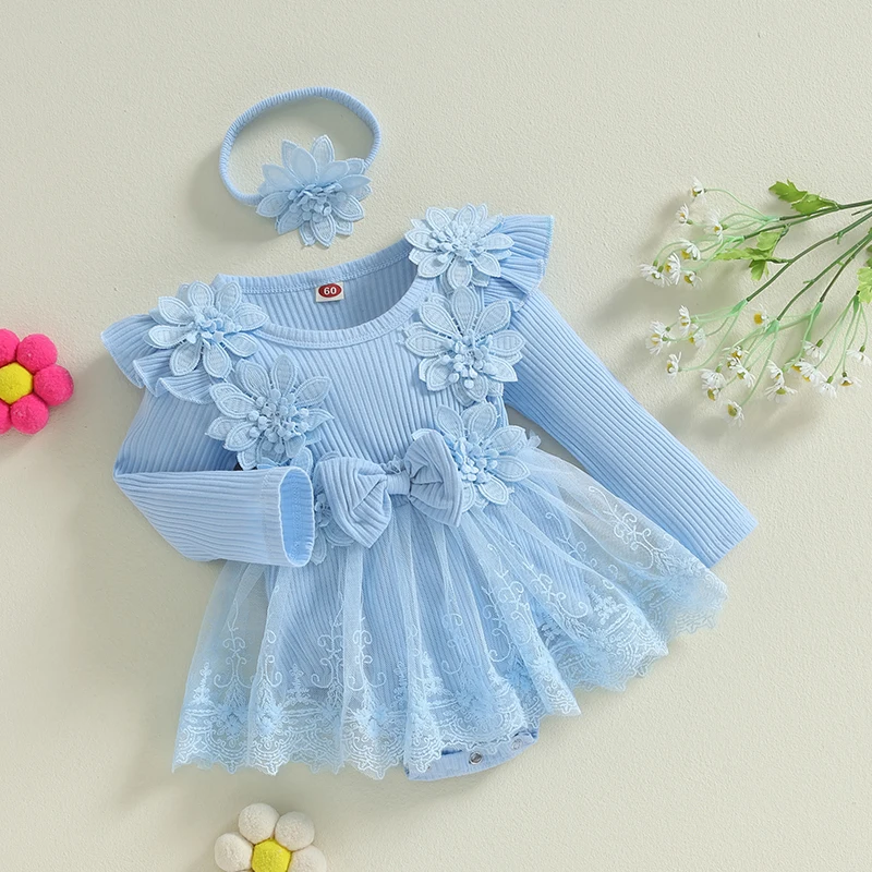 Sweety Baby Girls Set 3D Flower Bow Long Sleeve Mesh Dress Romper Headband Adorable Ribbed Girls Bodysuits Playsuits Outfits