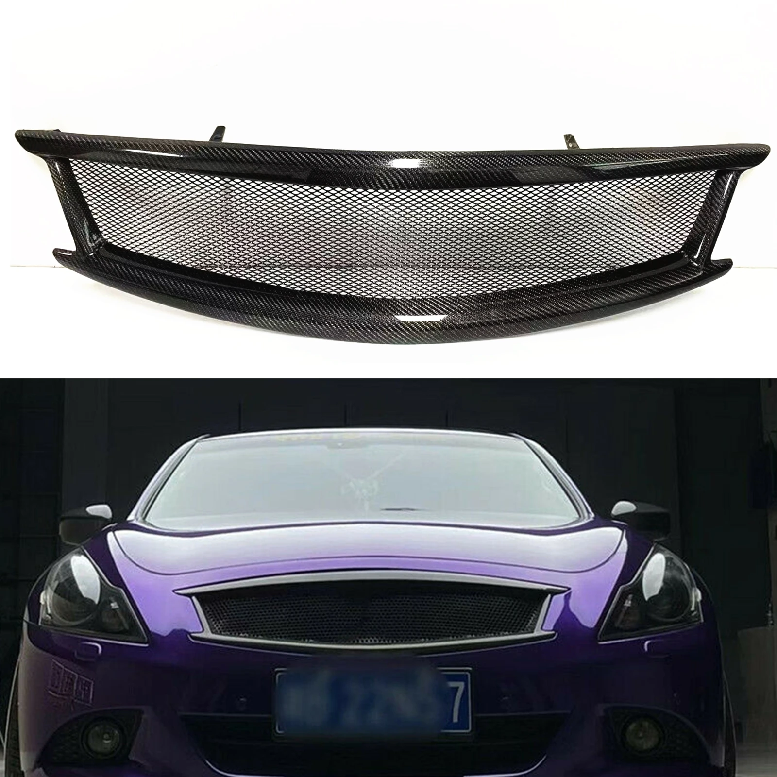 Racing Grill Front Grille For Infiniti G G37 Nissan Skyle 2010-2014 Sedan 4 Door Real Carbon Fiber Upper Bumper Hood Mesh Grid