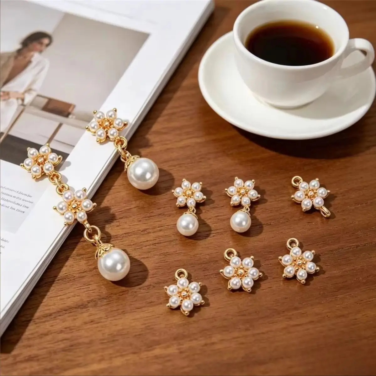 Imitation Pearl Snowflake Plum Blossom Double Loop Charms Brass 14K Real Gold Plated Anti‑tarnish For DIY Earring Findings
