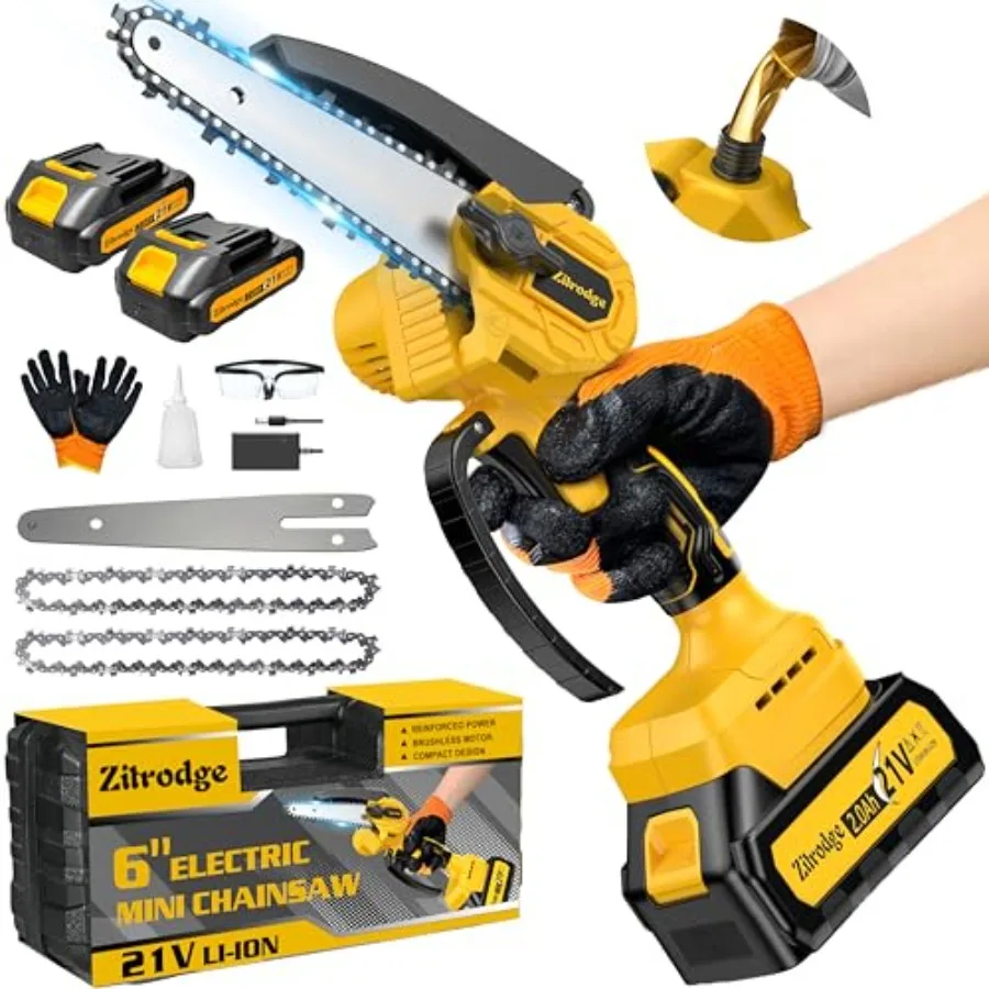 

6 Inch Mini Chainsaw Cordless Brushless Portable Electric Chainsaw Handheld Chain Saw for Tree Trimming Wood Cutting Battery Po