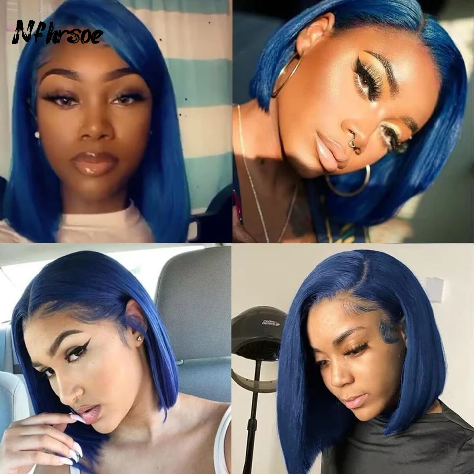 

Бразильский цветной парик из натуральных волос с прозрачной кружевной передней частью, плотность 200%, темно-синий, прямой, короткий боб, предварительно снятая линия роста волос, готов к носке