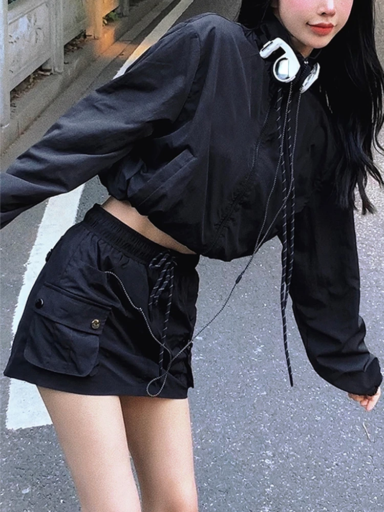 2 Piece Dress Set Women Casual Long Sleeve Y2k Crop Top Black Jacket + Mini Skirts Tracksuits Korean Shorts Coats 2022 Autumn