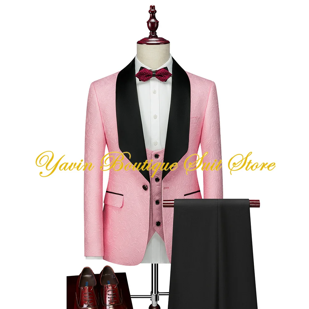 Men's Suit Jacquard Jacket Pants Vest 3-piece Set Formal Wedding Groom's Tuxedo Fashion Blazer Elegant Men Suits