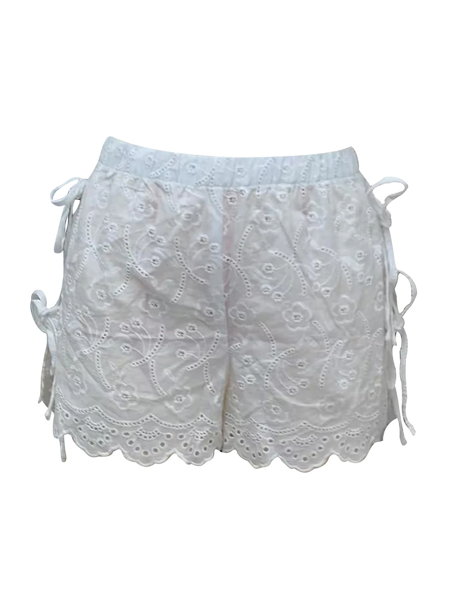 

Women Side Slit Tie Up Lace Shorts Y2K Cute Eyelet Lace Elastic Waist Lounge Shorts Summer Cutout Pajama Shorts