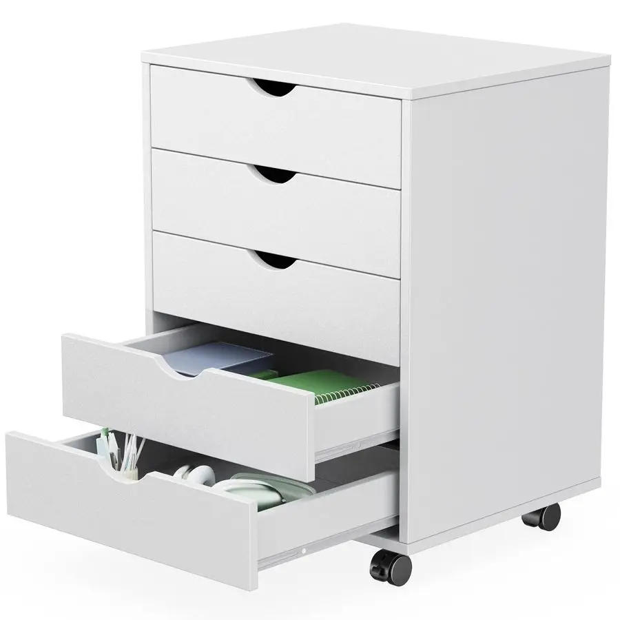 

5 Drawer Chest Mobile Storage Cabinets Small Wooden Dresser with Wheels Room Organization Furniture for Office Home, White Wood
