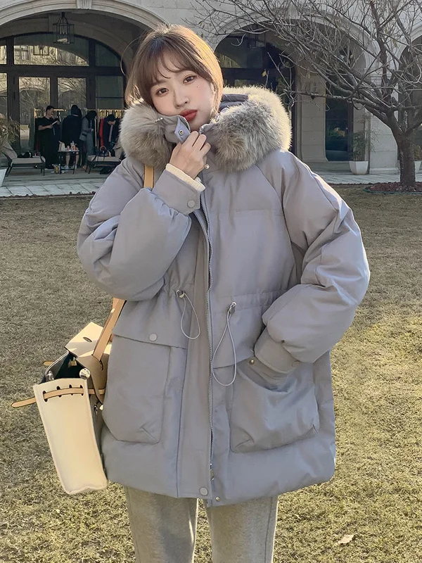 

Large Size down Cotton Jaet with Thiened Hood Mid-Length Warm Coat for Men And Women Winter Outerwear with Big Fur Collar