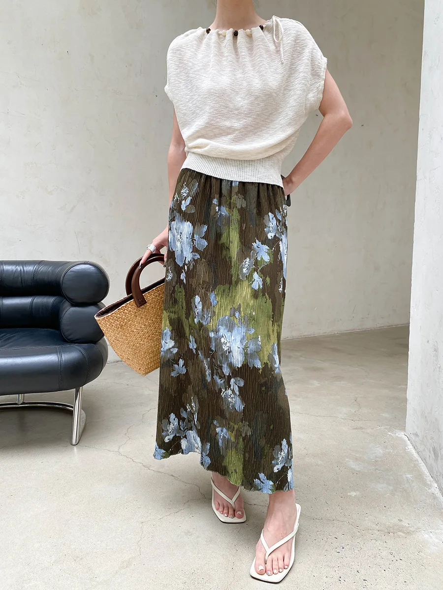 Sommerlicher Damenrock mit elastischem Bund, plissierter Textur, Retro-Print und geradem Schnitt – Detail 8