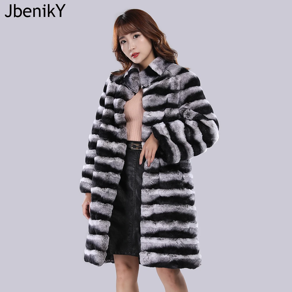 

2024 New Women's Chinchilla Striped Jacket Real Rex Rabbit Fur Fur All-in-one Fur Coat Coat Length 90cm