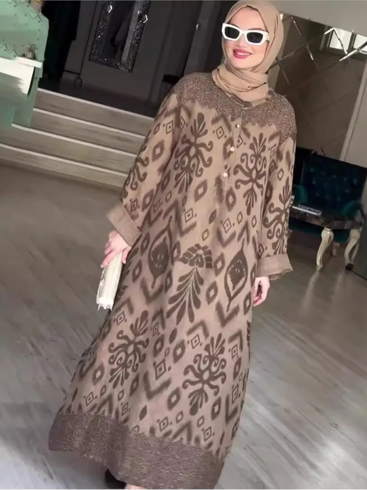 Ramadan Eid Muslim Women Fashion Print Dresses Long Robe Casual O-Neck Long Sleeve Button Pullover Femme Autumn Holiday Vestidos