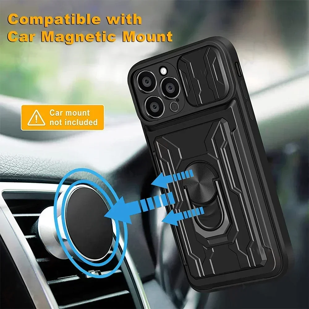 Case For iPhone 17 16 15 14 13 12 11 Pro Max XR XS Plus SE Slide Camera Card Slot Military Grade Ring 360 Magnetic Back Cover