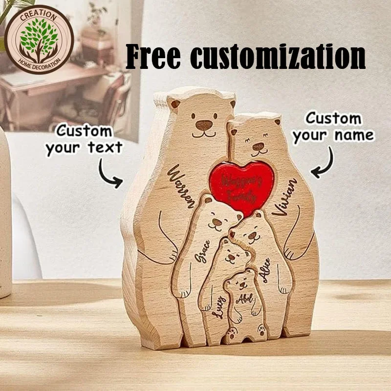 Bear Family Art Wooden Puzzle Free Custom Name Christmas Send Friends Family Anniversary Holiday Warm Gifts Home Decorations