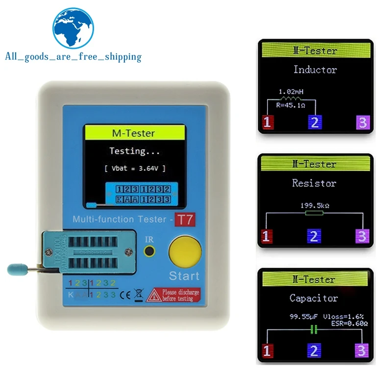 LCR-T7 T7 Transistor Tester TFT Diode Triode Capacitance Meter LCR ESR Meter NPN PNP MOSFET IR Multifunction Tester Multimeter