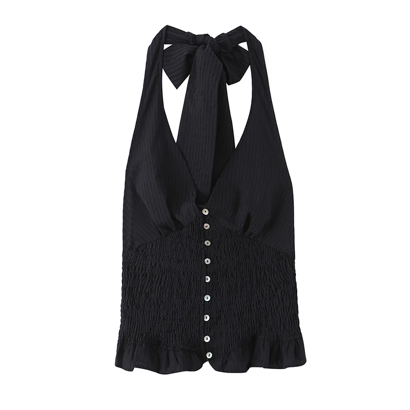 YENKYE Women Front Button Bow Tie Halter Top Backless Smocked Waist Ruffle Hem Casual Sleeveless Summer Tops