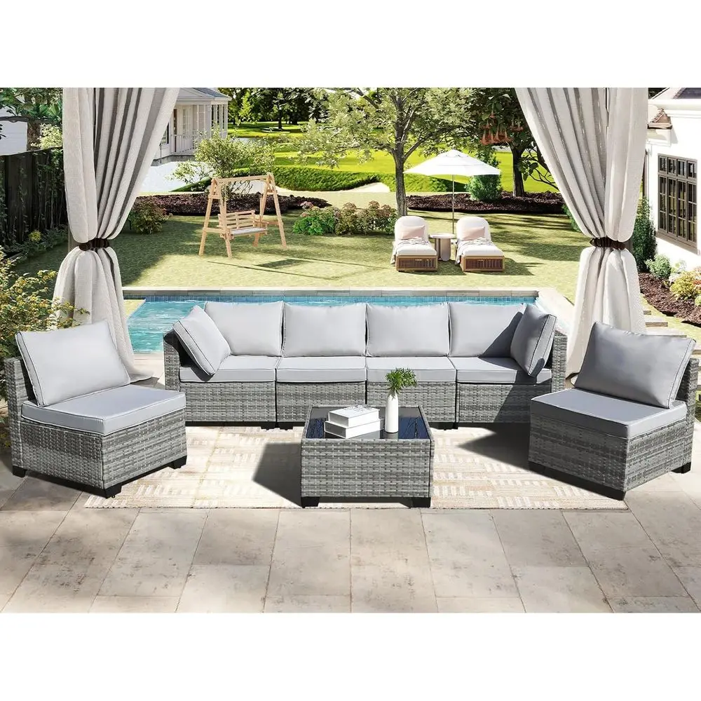 

All-Weather 7-Piece Outdoor Patio Furniture Set with Wicker Sectional Sofa, Glass Coffee Table, and Washable Cushions in Light G