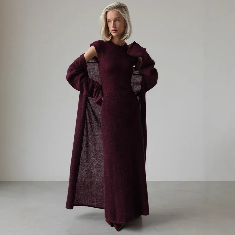 

Mohair Cardigan Dress Set For Women 2025 Autumn Knitted Long Cardigan Sleeveless Slim DressTwo Piece Set Lady Fashion