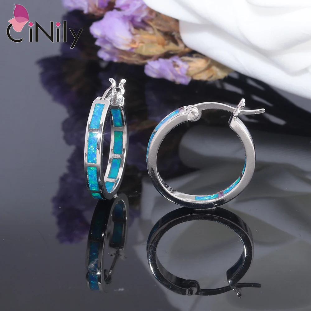 CiNily Created Blue White Fire Opal Authentic 925 Sterling Silver Wholesale NEW for Women Jewelry Hoop Earrings 25mm SE010-11