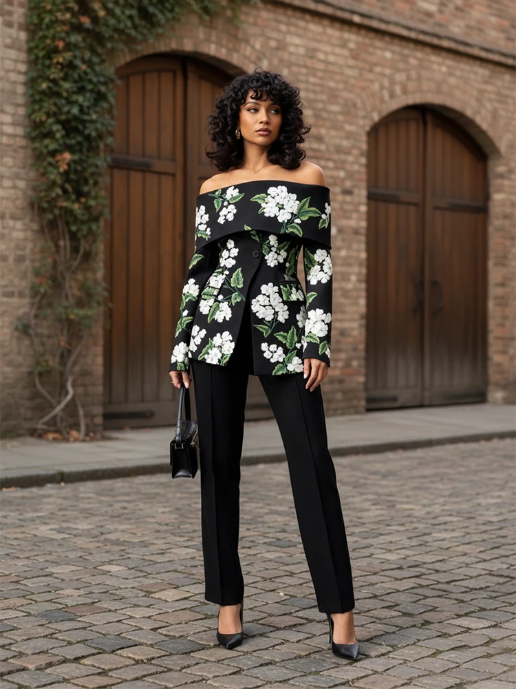 UOOZEE مكتب سيدة سترة سهرة رسمية أنيقة خارج الكتف الأزهار ملابس منقوشة بكم طويل سترة ملابس خارجية للحفلات 2026 العصرية #1