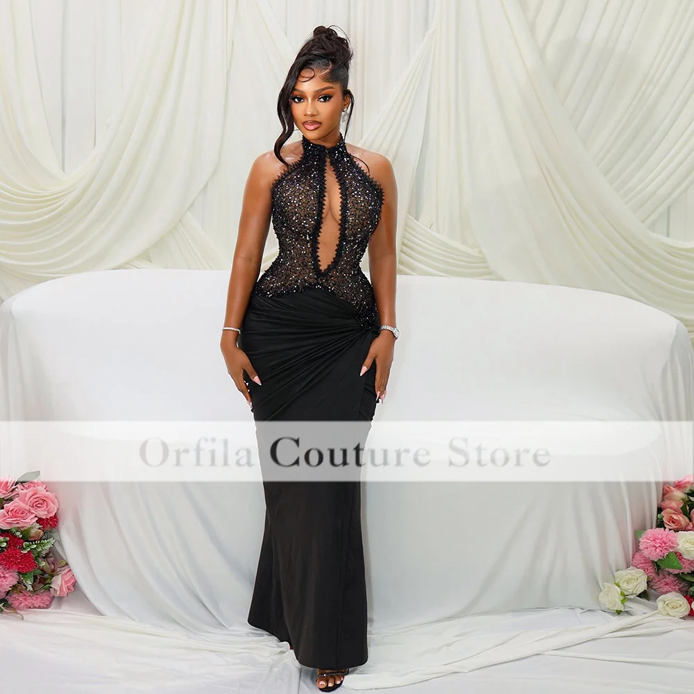 Arbic Evening Dresses Mermaid Halter Beads Prom Dress Wedding Party Dress Satin robes de soirée Customized