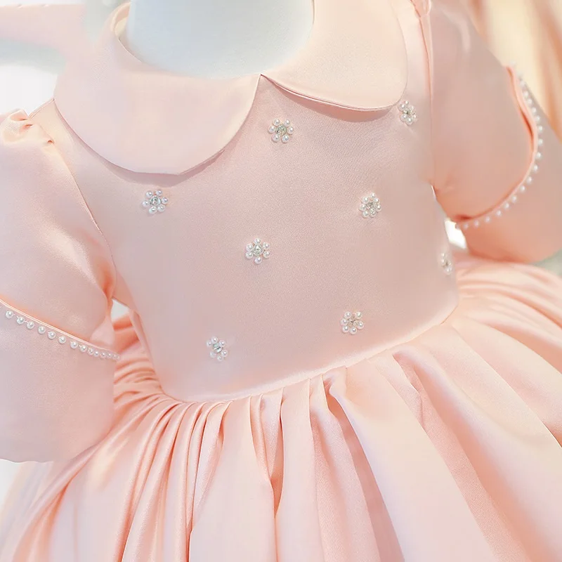 Baby Girl Princess Pearl Beading Dress Half Sleeve Child Vintage Bow Vestido Peter Pan Collar Party Pageant Birthday Frocks 1-7Y