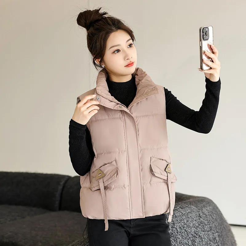 2025秋冬韓国スタンドカラーダウンコットンベスト女性リボン付きカジュアル暖かいノースリーブジャケットシックショートパーカー女性