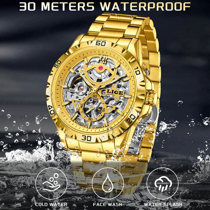 LIGE Fashion Sport Men Mechanical Watch Stainless Steel Waterproof Hollow Skeleton Automatic Watches For Men Relogios Masculino